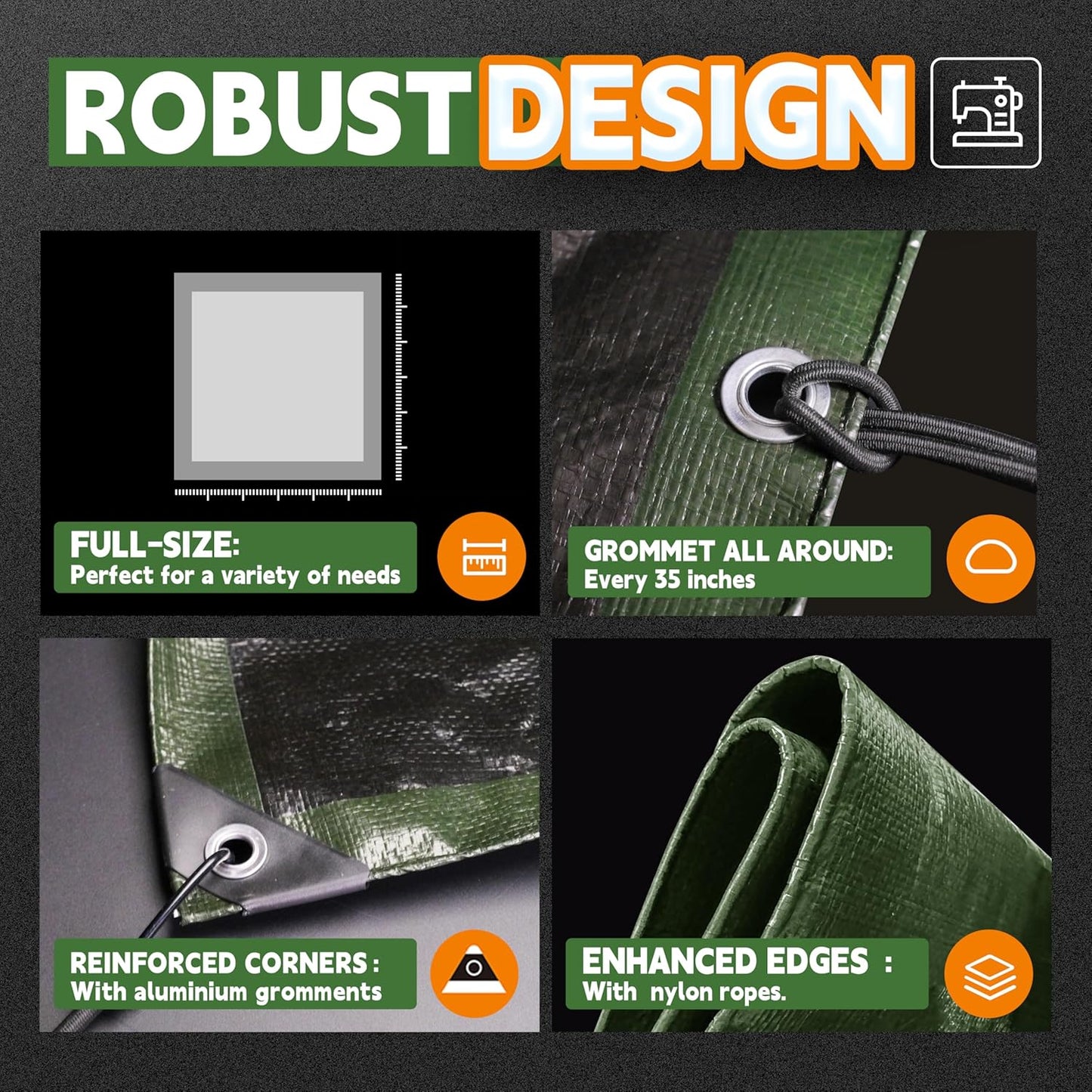 6x8 Feet Tarp Waterproof,Small Tarps,9Mil Thick,Finished Size Tarps,UV Resistant,Durable,Multipurpose Poly Tarp Cover with Metal Grommets and Reinforced Edges,Green/Black by RAINDEWAY
