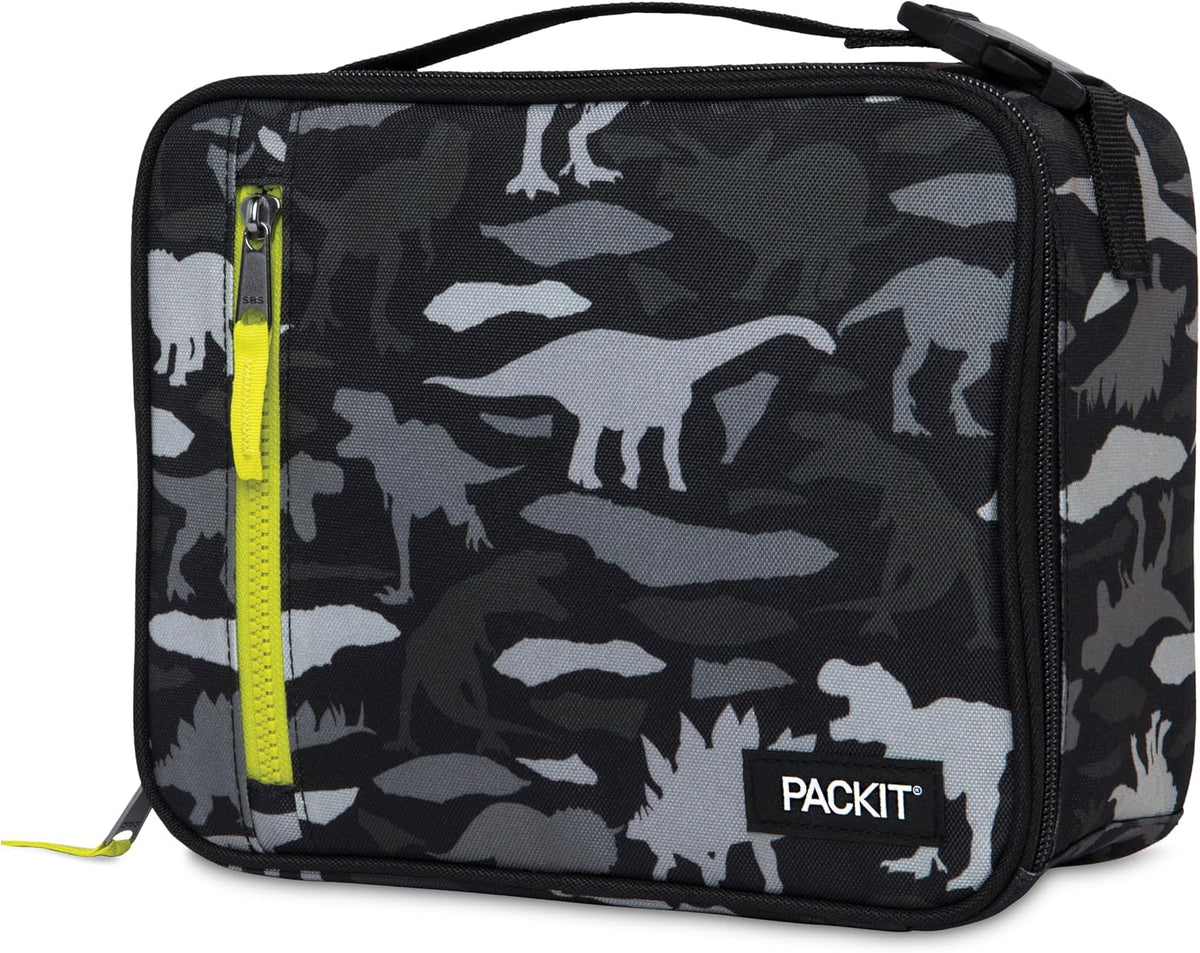 PackIt Freezable Classic Lunch Box, Dino Camo Charcoal, Built with EcoFreeze Technology, Collapsible, Reusable, Zip Closure With Zip Front Pocket and Buckle Handle, Designed for Lunches