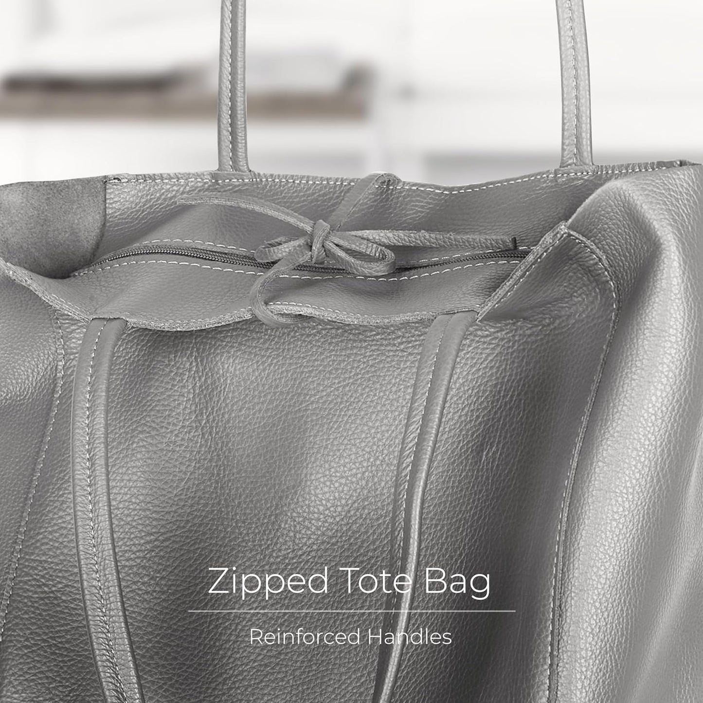Italian Calf Leather Tote for Women with Zipper, Inner Pocket & Flat Base | Soft Unlined Shopper for Work & Travel