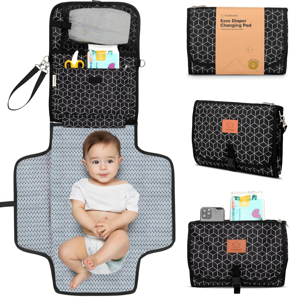 KeaBabies Portable Diaper Changing Pad - Large Waterproof Baby Changing Mat, Compact Travel Diaper Clutch, Functional Pockets Fit Newborn Essentials, Wipeable & Padded Baby Changer (Black Geo)