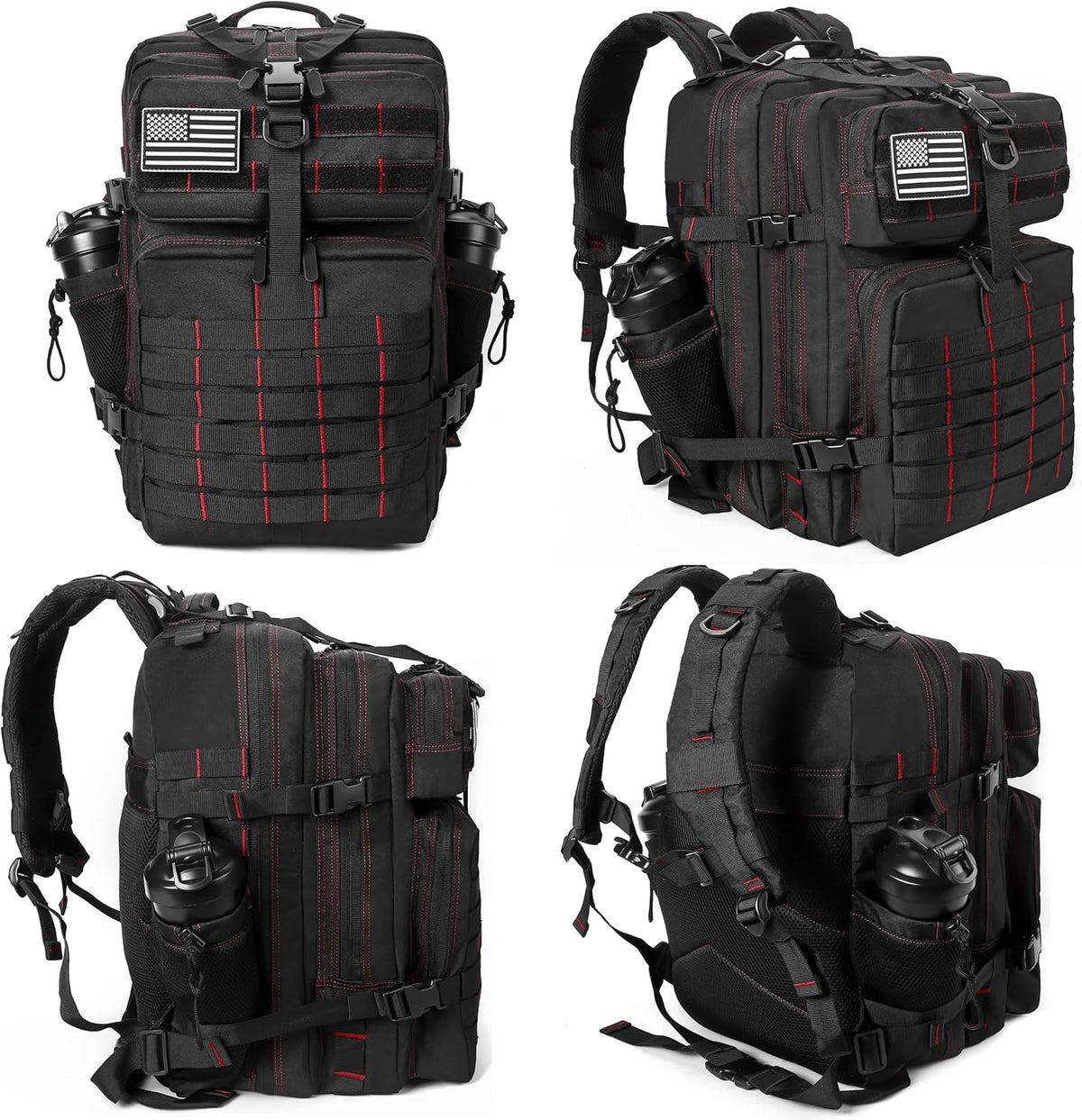 LHI Military Tactical Backpack for Men and Women 45L Army 3 Days Assault Pack Bag Large Rucksack with Molle System - Black With Red Line