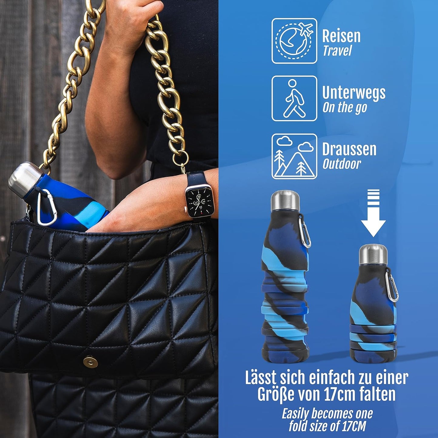 Foldable Drinking Bottle - BPA-free, leak-proof - Ideal festival accessory and practical outdoor companion with carabiner (Dark blue)