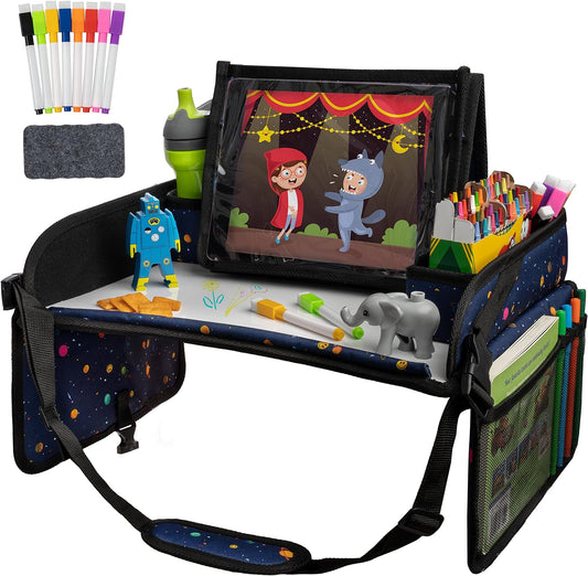 Lusso Gear Car Seat Activity Tray - 600D Oxford Cloth, Planets - Toddler Lap Tray for Kids with Tablet Holder, Dry Erase Top, Mesh Pockets & Cup Holder - Travel Accessories & Airplane Seat Organizer