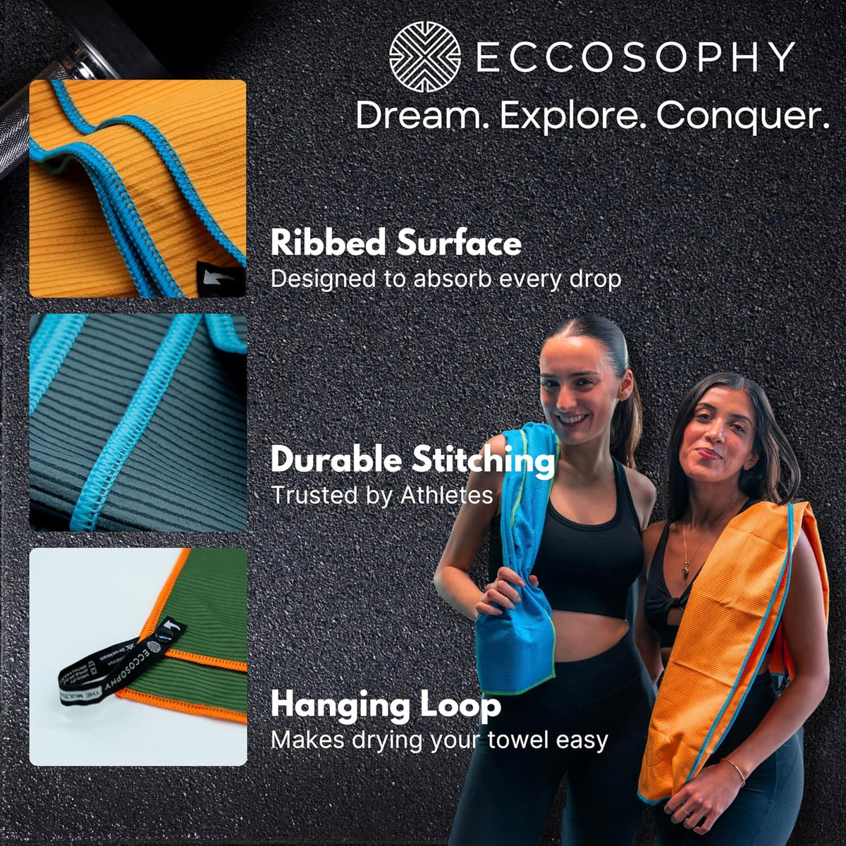 ECCOSOPHY Microfiber Beach Towel – Quick Dry Gym Towel, Highly Absorbent with Ribbed Texture, Lightweight – Ideal for Travel, Pool, Yoga, Fitness & Outdoor Adventures – 71x35 Navy