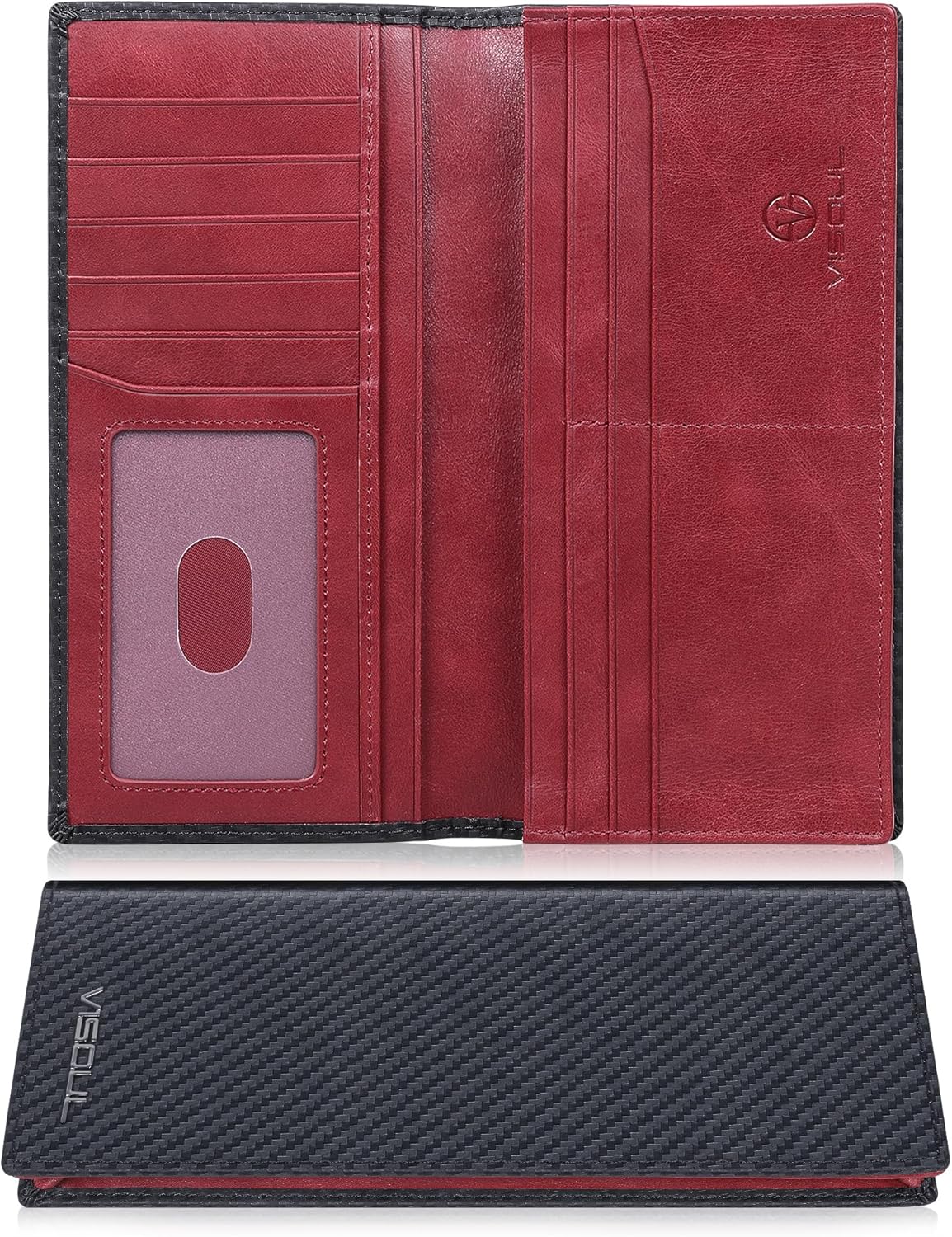 VISOUL Mens Leather Long Checkbook Bifold Wallets with RFID Blocking, Carbon Fiber Leather Tall Wallets for Men (Black+Burgundy)
