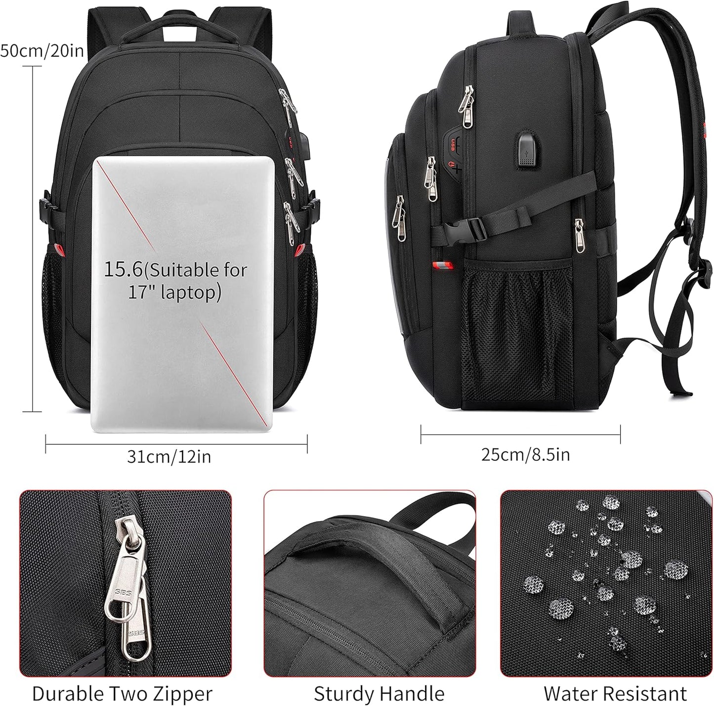 17.3 inch Laptop Backpack,School Bookbag Computer Rucksack with USB Charging Port,Water Resistant Sturdy Bagpack for Business College School Travel,Men Women Casual Daypack,Black