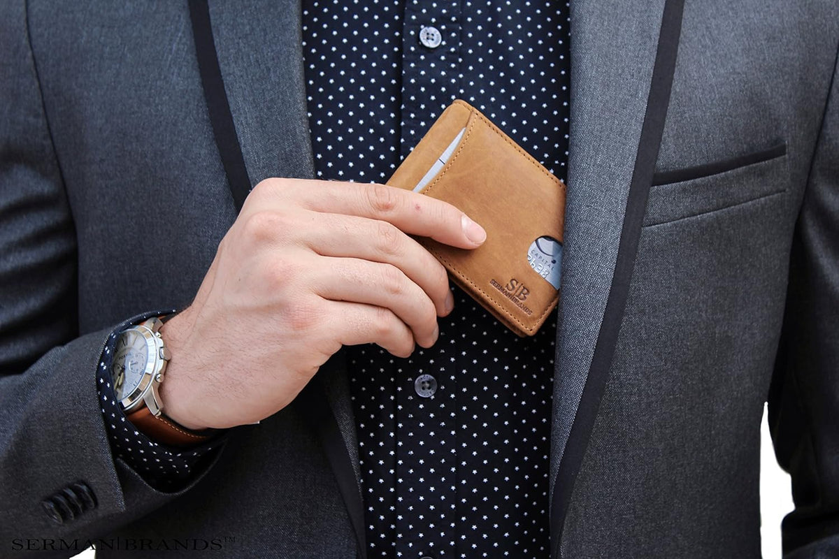 SERMAN BRANDS RFID Blocking Slim Bifold Genuine Leather Minimalist Front Pocket Wallets for Men with Money Clip Thin Mens