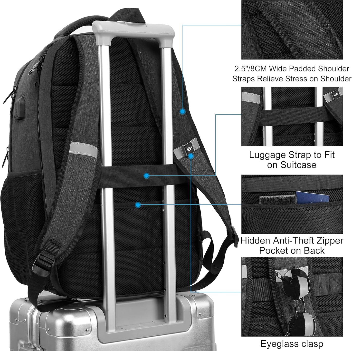 17.3 Inch Laptop Backpack, School Backpack,Large TSA Travel Carry on Backpack,College Student Bookbag with USB Port,Teenagers Water Resistant Computer Bagpack Gift for Men Women,Grey