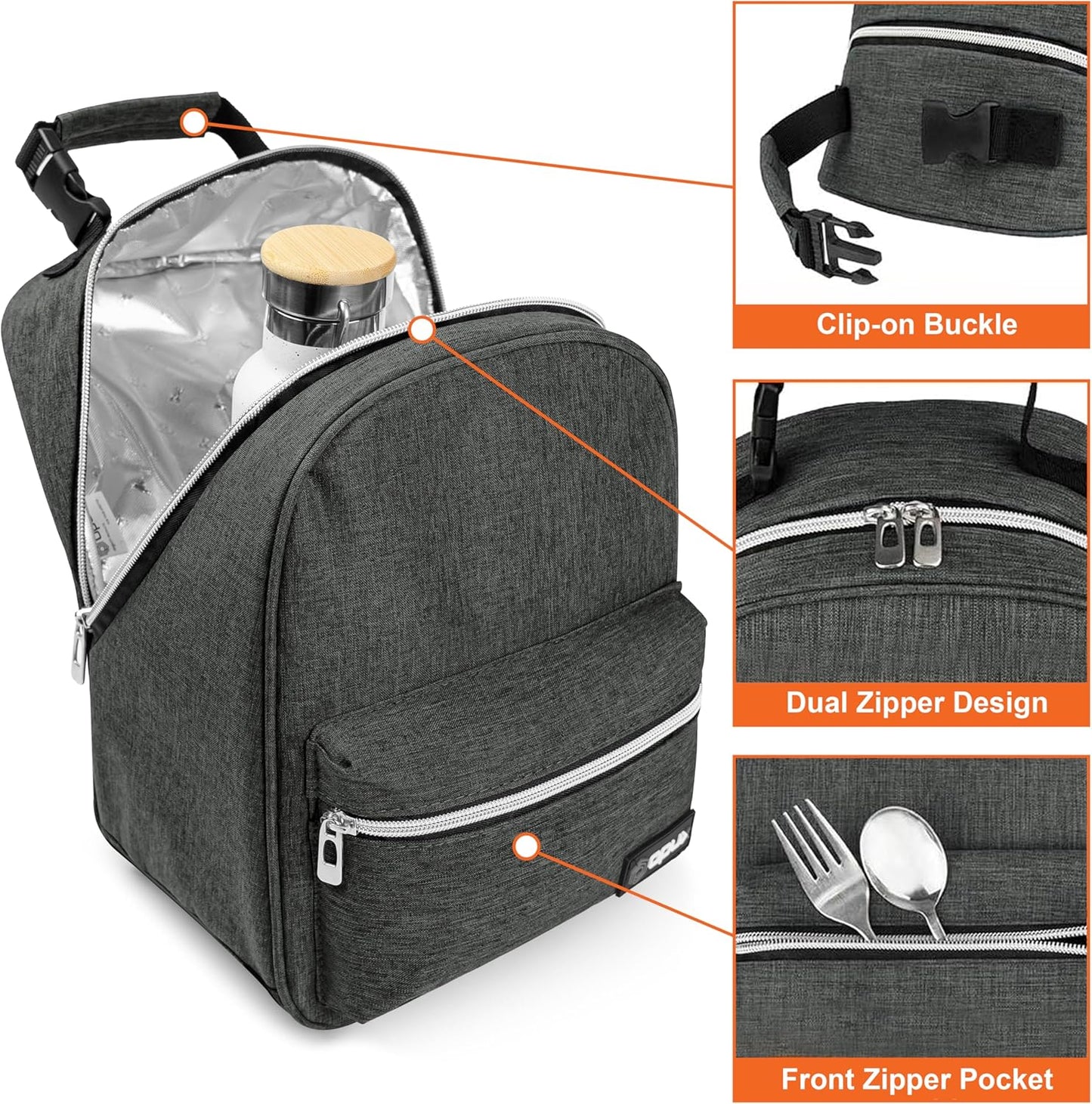 opux Lunch Box for Girls Boys Kids, Insulated Leakproof Lunch Bag, Reusable Teen Lunch Boxes for School, Medium Large lunchbox for Women Men Adult for Work with Front Back Pocket (Dark Gray)