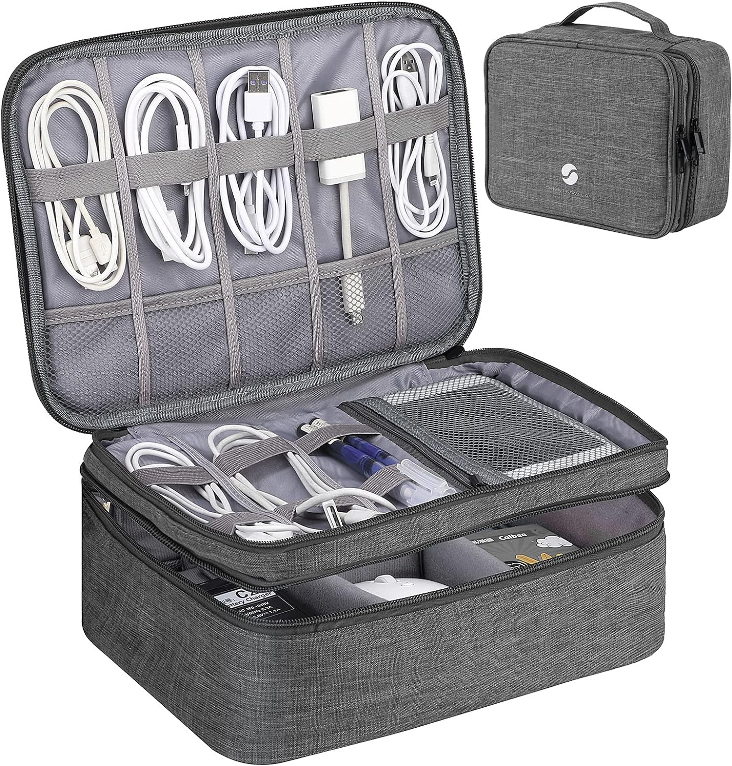 ORIENT FAMULAY Travel Organizer, Waterproof Cable Bag for Electronic Accessories Double Layer Large Shockproof Storage Bag for Cord, Hard Disk, Power Bank, Tablet -Gray
