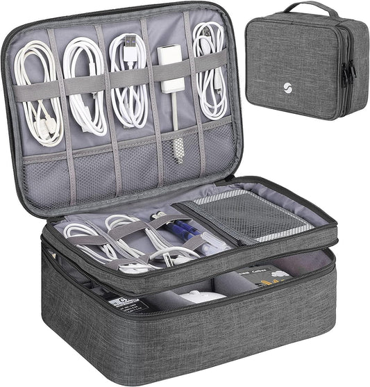ORIENT FAMULAY Travel Organizer, Waterproof Cable Bag for Electronic Accessories Double Layer Large Shockproof Storage Bag for Cord, Hard Disk, Power Bank, Tablet -Gray