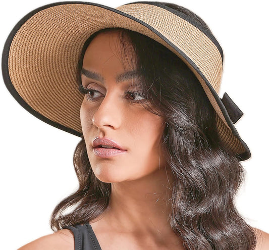 Joywant Womens Sun Visor Hats, Packable Wide Brim Ponytail Beach Hat Straw Visor Summer Beach Vacation Essentials for Womens