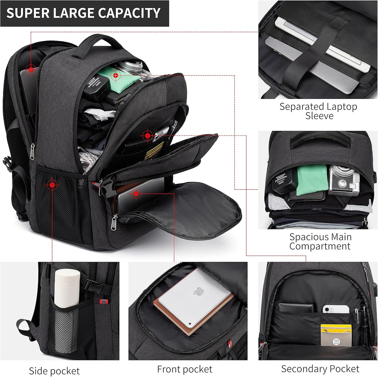 Backpack,17.3in Durable Travel Laptop Backpack, College Backpack,RFID Anti Theft Pocket Big Business Computer Bag,Water Resistant School Bookbag for Teens Men Women,Gifts Grey