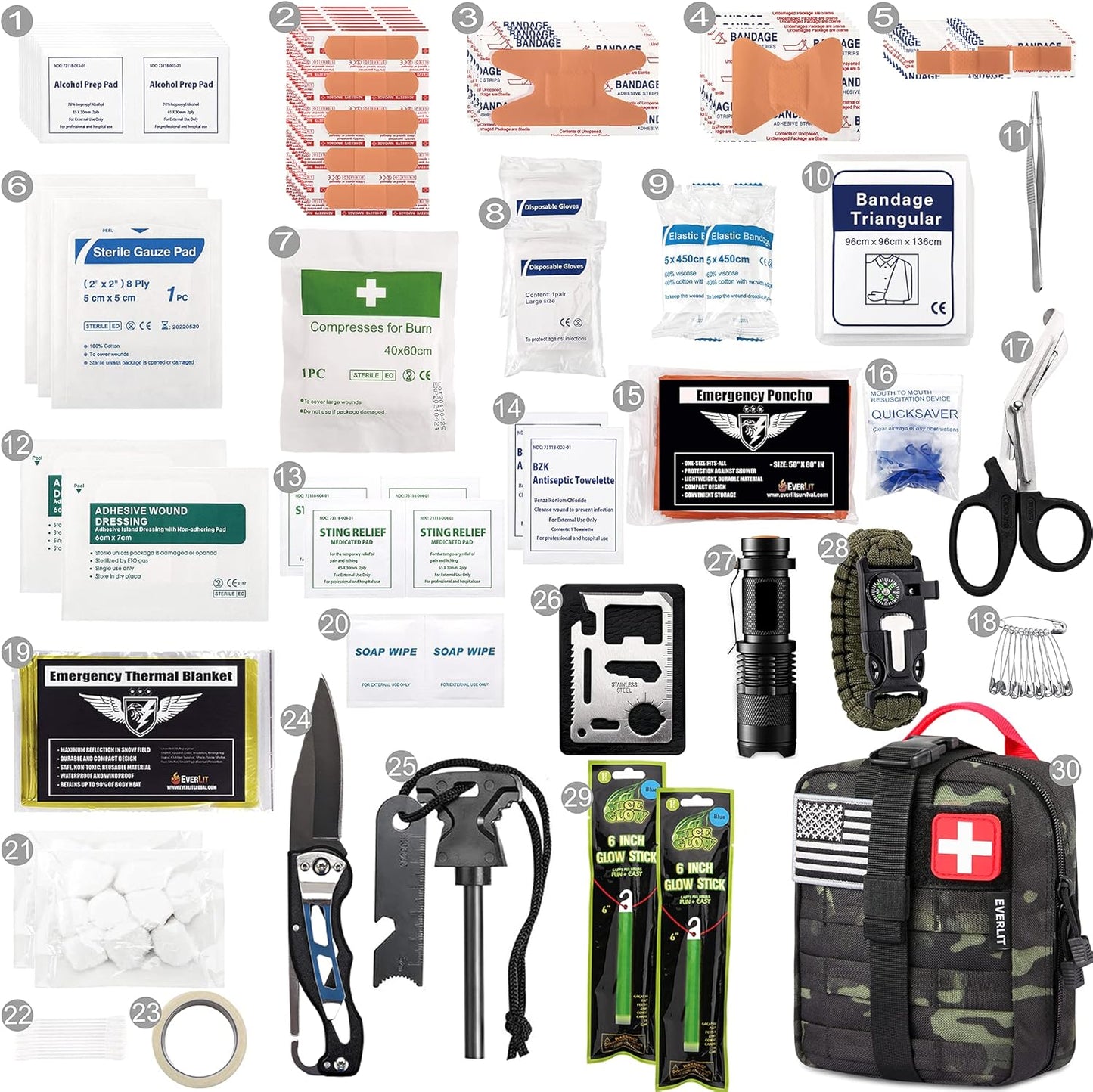 EVERLIT 250 Pieces Survival First Aid Kit IFAK EMT Molle Pouch Survival Kit Outdoor Gear Emergency Kits Trauma Bag for Camping Boat Hunting Hiking Home Car Earthquake and Adventures