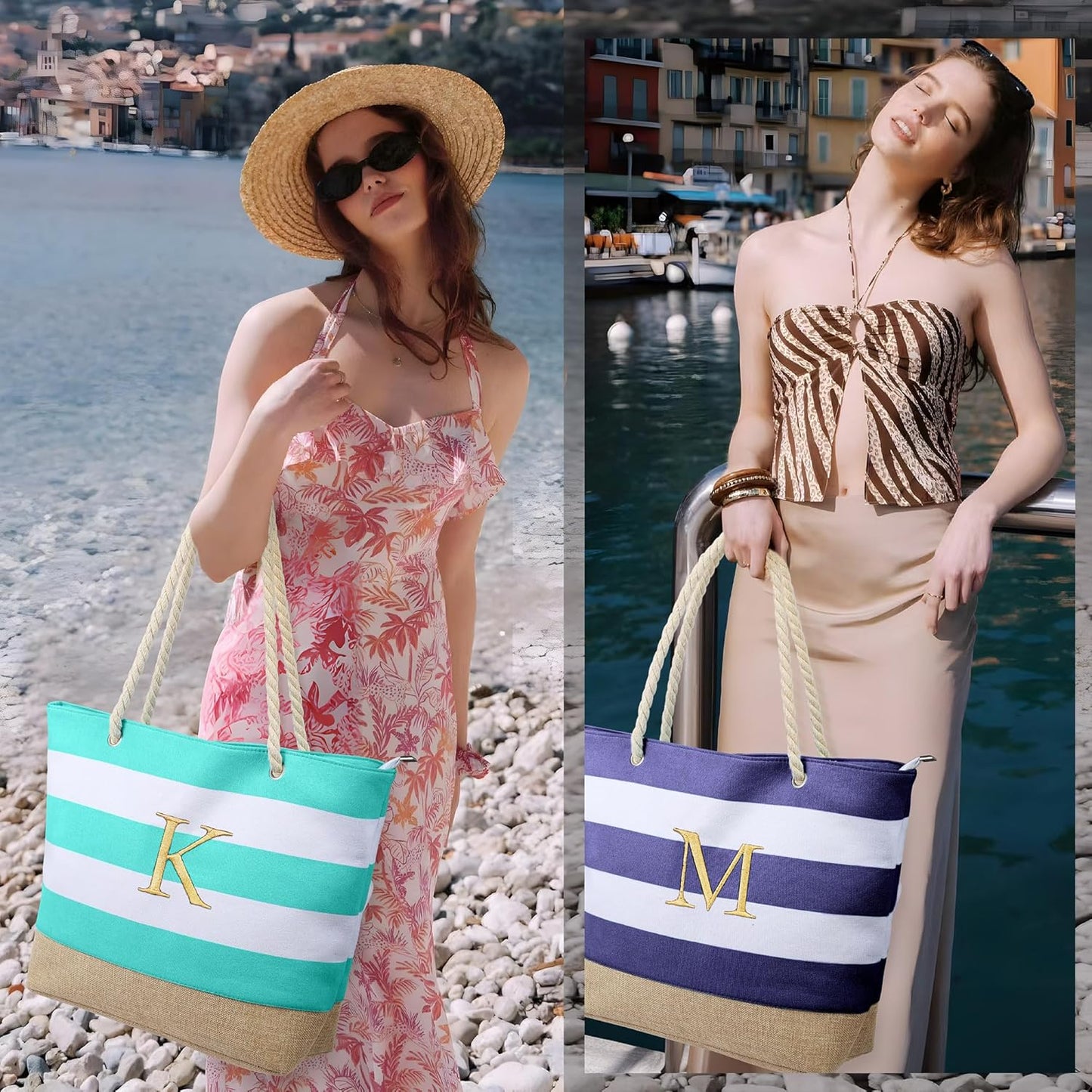 YOOLIFE Initial Canvas Waterproof Beach Tote Bag Zipper Personalized Gifts for Women Her Birthday Travel Beach Essential