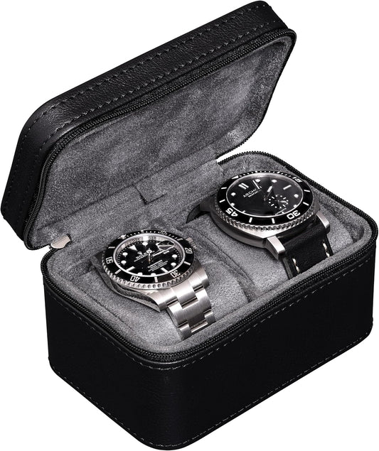 ROTHWELL 2 Watch Travel Case for Men | Compact PU Leather Protective Box with Microsuede Interior | Fits Watches & Smartwatches Up to 55mm (Black/Grey)