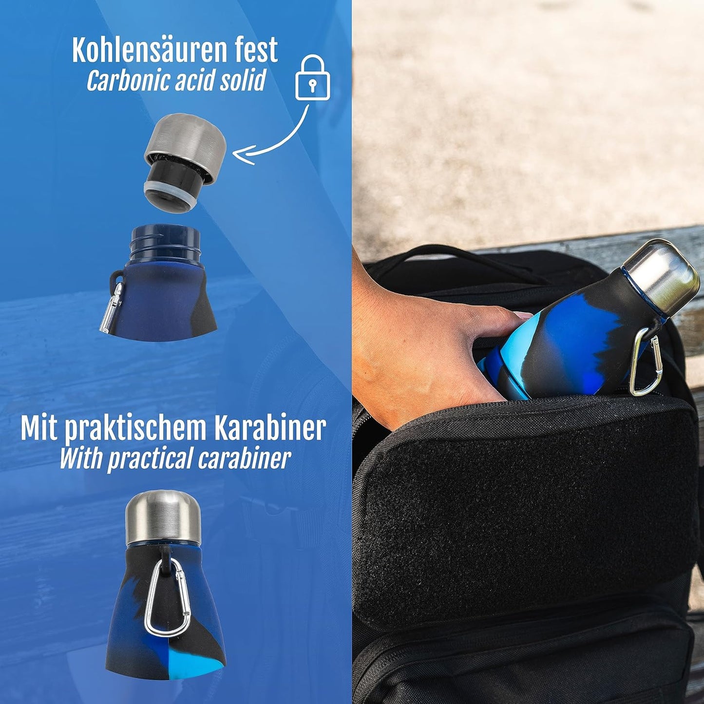 Foldable Drinking Bottle - BPA-free, leak-proof - Ideal festival accessory and practical outdoor companion with carabiner (Dark blue)