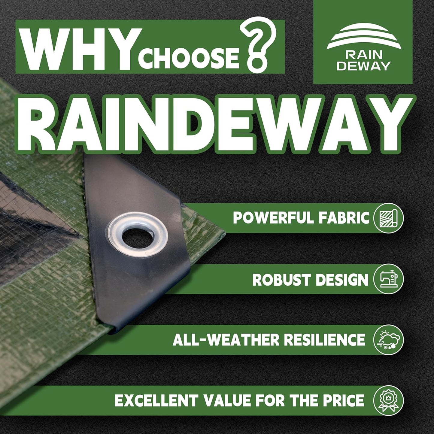 6x8 Feet Tarp Waterproof,Small Tarps,9Mil Thick,Finished Size Tarps,UV Resistant,Durable,Multipurpose Poly Tarp Cover with Metal Grommets and Reinforced Edges,Green/Black by RAINDEWAY