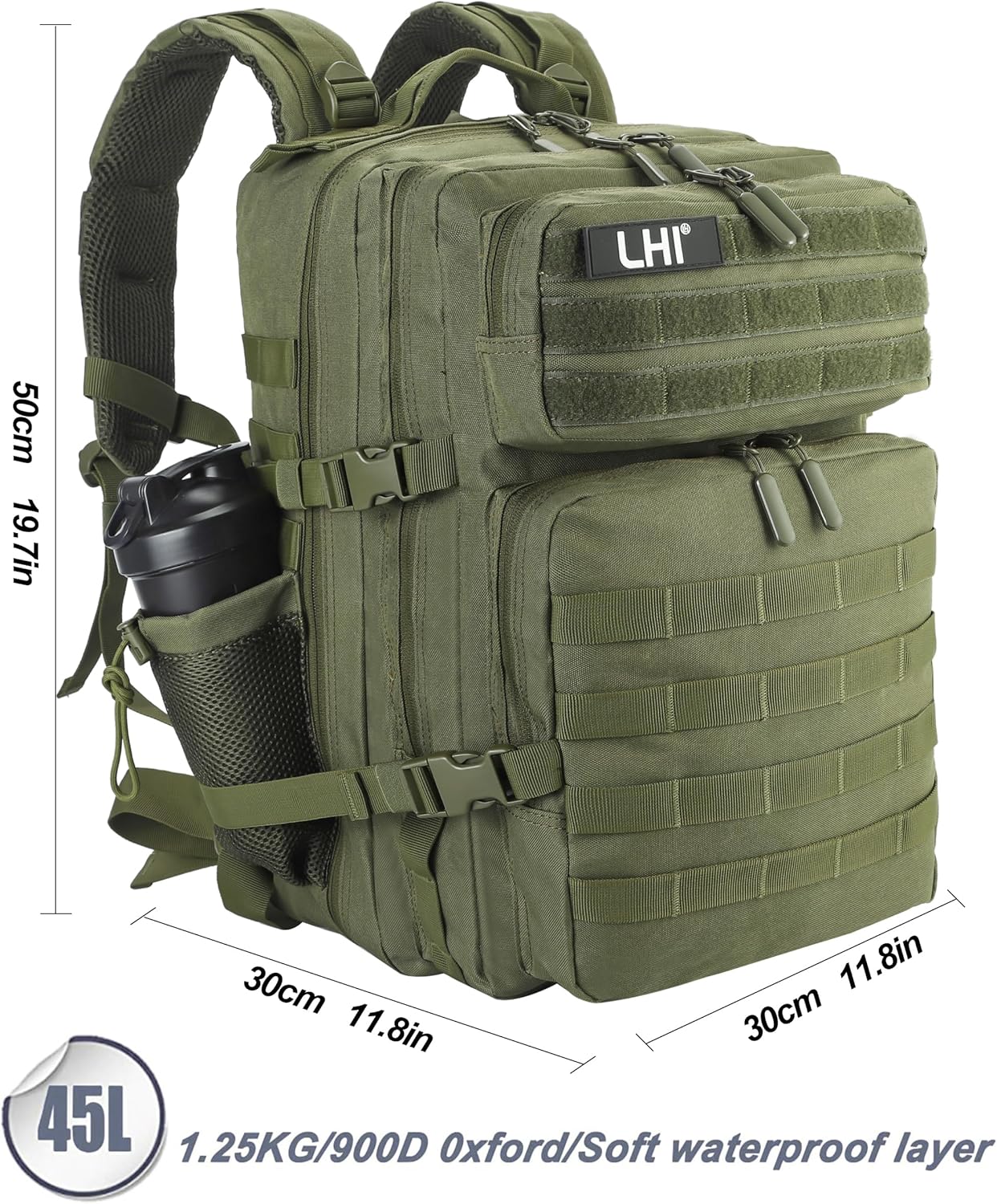 LHI Military Tactical Backpack for Men and Women 45L Army 3 Days Assault Pack Bag Large Rucksack with Molle System - Green