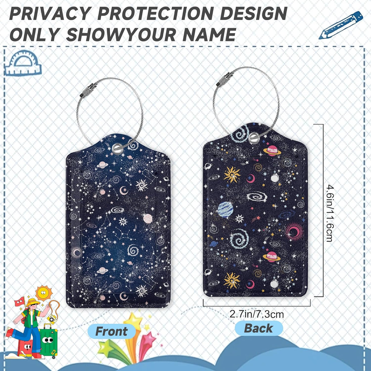 Space Moon Luggage Tags for Suitcases,2 Pack Planets Luggage Tag,Leather Stainless Steel Loop Label Tag for Women Men Girls Travel Bag Suitcase