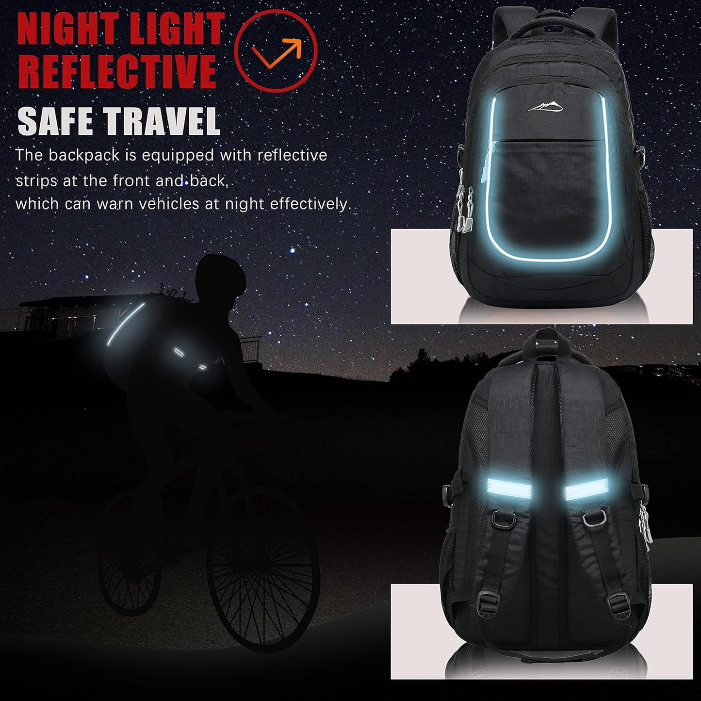 ProEtrade Backpack Bookbag for College Sturdy Travel Business Hiking Fit Laptop Up to 15.6 Inch Multi Compartment Gifts for Men Women Night Light Reflective (Black)