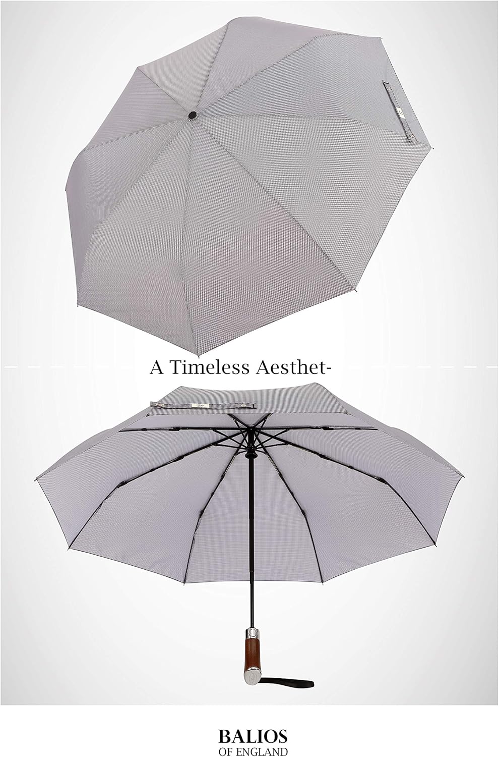 Balios (Designed in UK) Travel Umbrella Luxurious Golden Hardwood Handle Auto Open & Close Windproof Frame Single Canopy Automatic Folding Umbrella Men's & Ladies