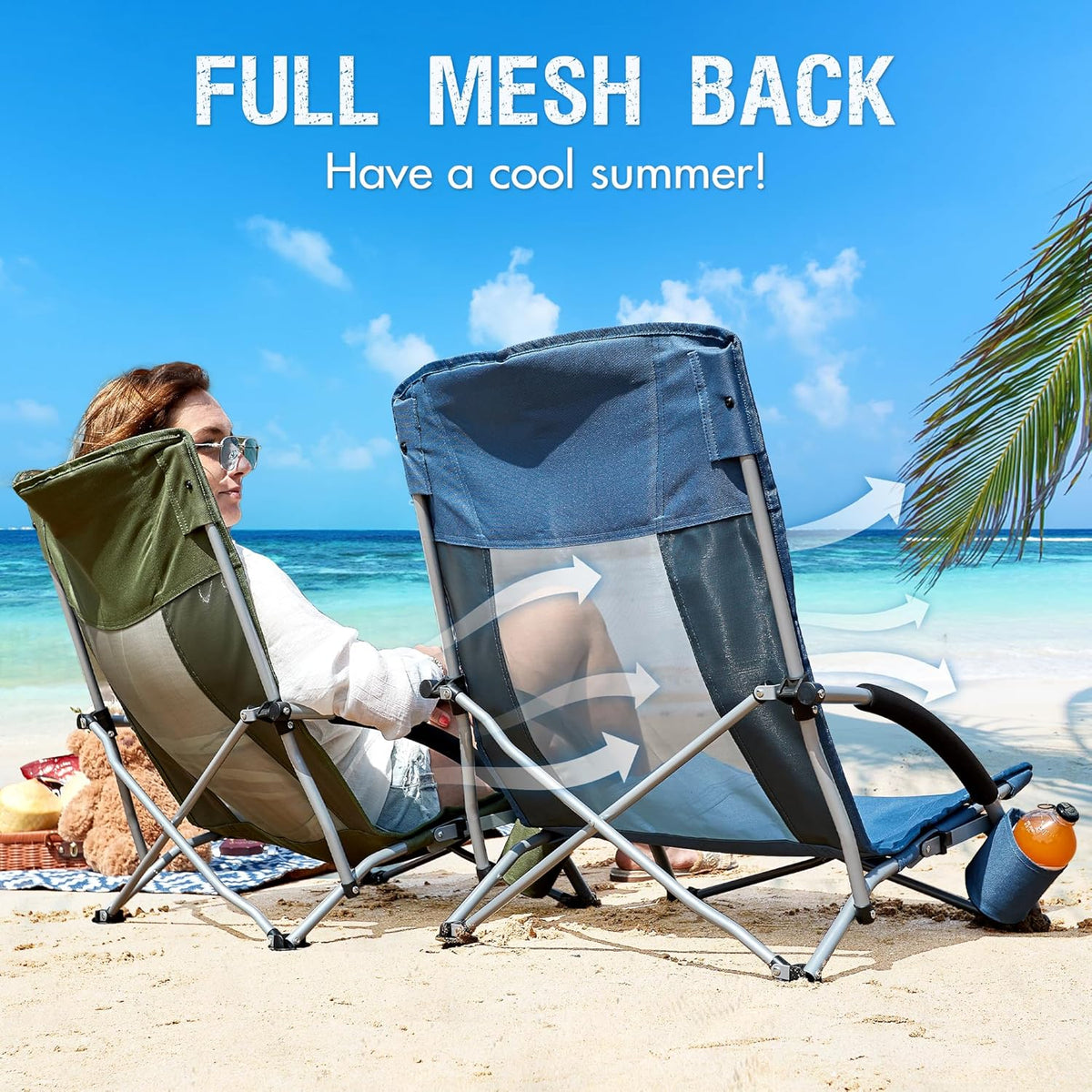 PORTAL Beach Chairs for Adults Camping Low Lightweight Portable Chair with Cup Holder Mesh Back Carry Bag for Outdoor Sand Lawn Travel Picnic Festival Concert, 350LBS