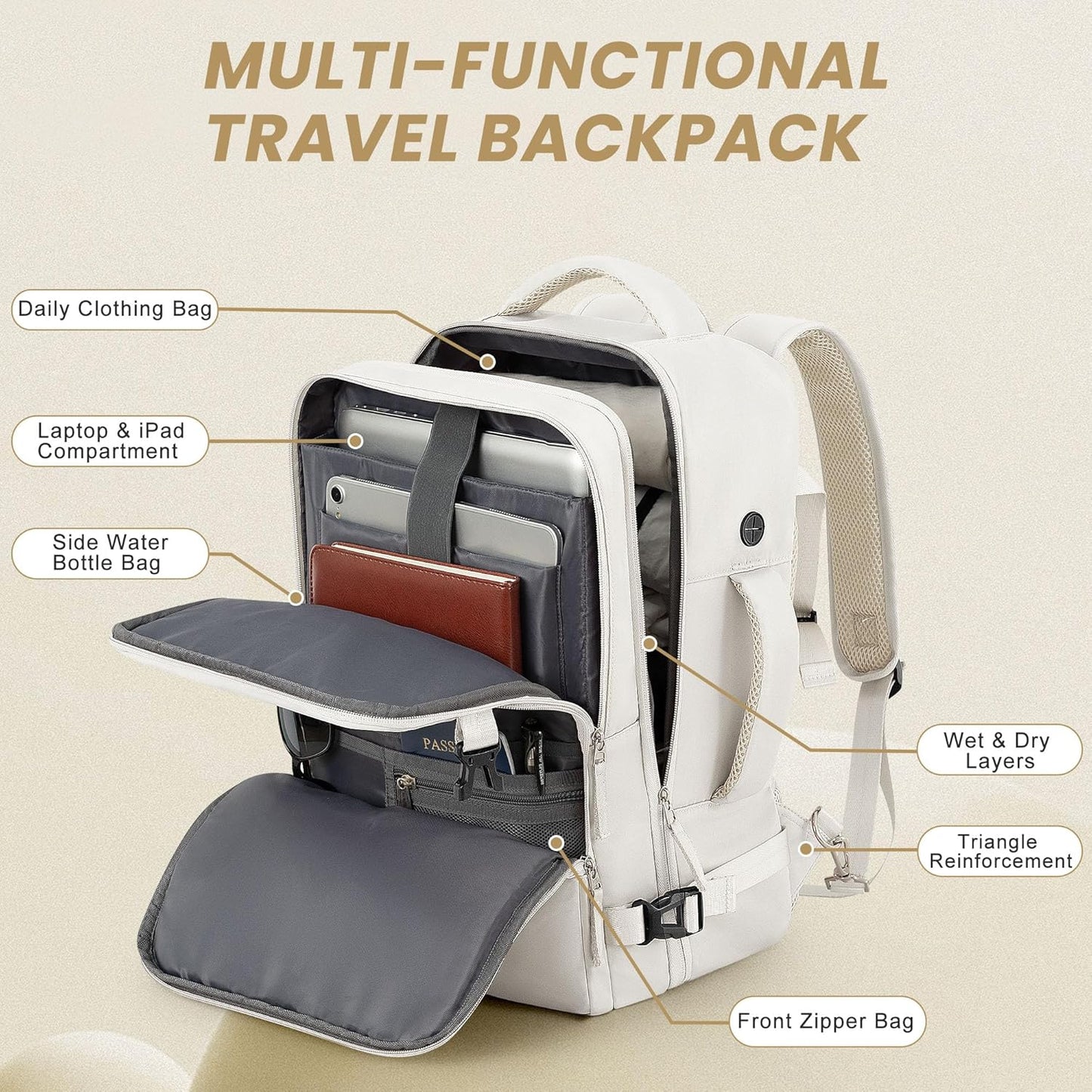 Travel Backpack, Carry on Flight Approved Backpack with Multi-Pockets, TSA Waterproof 17.3inch Laptop Backpack, Personal Item Travel Bag for Men Women, Beige