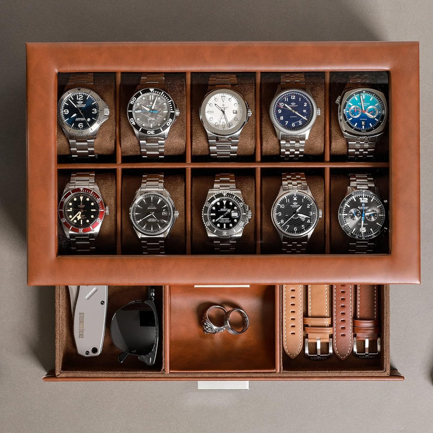 ROTHWELL 10-Slot Watch Box in Leather with Valet Drawer, Luxury Watch Case Display Organizer with Ultra Soft Microsuede Liner, Jewelry and Sunglass Holder With Large Glass top (Tan/Brown)