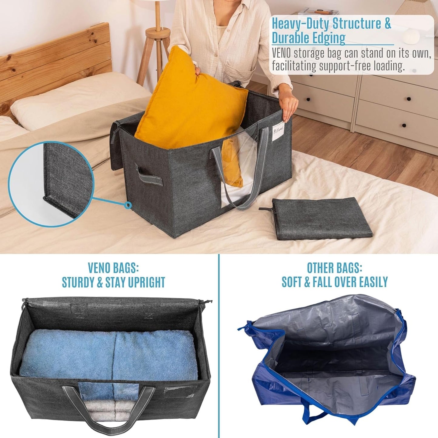 VENO 10 Pack Moving Bags, Comforter and Blanket Storage Bags for Closet, Moving Boxes, Boxes with Lids Alternative, College Dorm Packing Supplies, Foldable Heavy-Duty Tote with Window (Gray, 10 Pack)