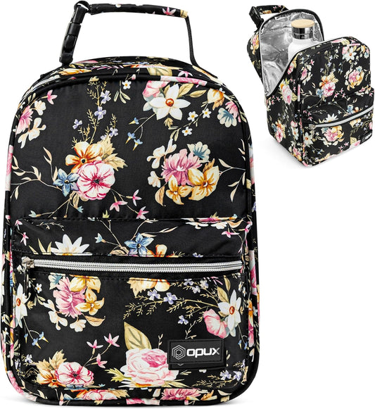 opux Lunch Box for Girls Boys Kids, Insulated Leakproof Lunch Bag, Reusable Teen Lunch Boxes for School, Medium Large lunchbox for Women Men Adult for Work with Front Back Pocket (Floral Black)