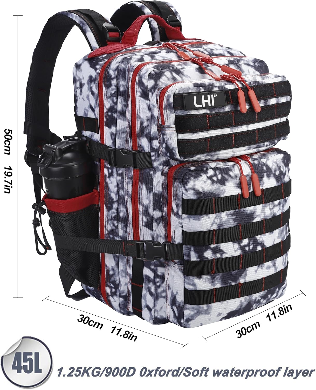LHI Military Tactical Backpack for Men and Women 45L Army 3 Days Assault Pack Bag Large Rucksack with Molle System Black and white