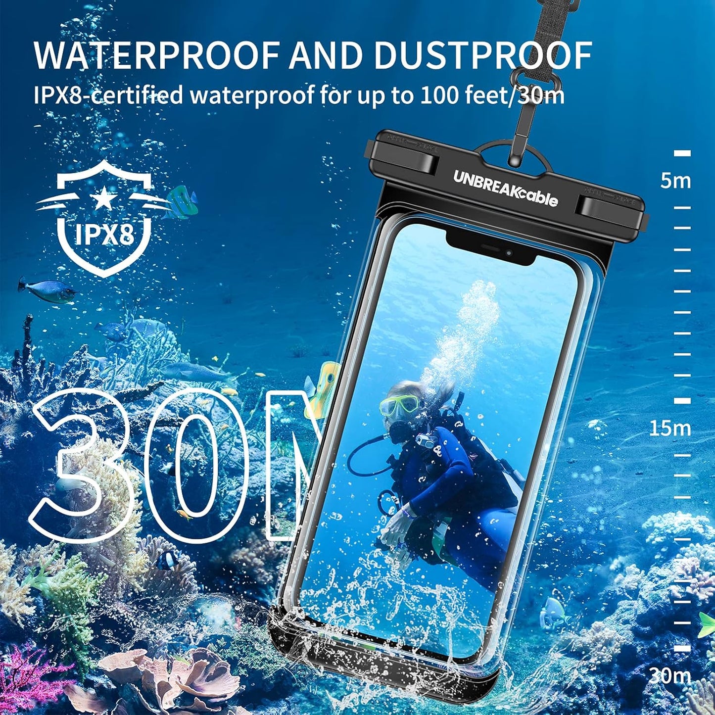 UNBREAKcable Waterproof Phone Pouch-2 Pack IPX8 Waterproof Phone Case for iPhone 16 15 14 13 12 11 Pro Max & Samsung S25 S24 S23-Dry Bag & Travel Essentials for Beach, Pool, Kayak & Cruise-7" Black