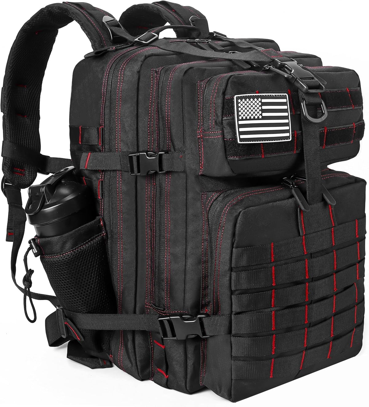 LHI Military Tactical Backpack for Men and Women 45L Army 3 Days Assault Pack Bag Large Rucksack with Molle System - Black With Red Line