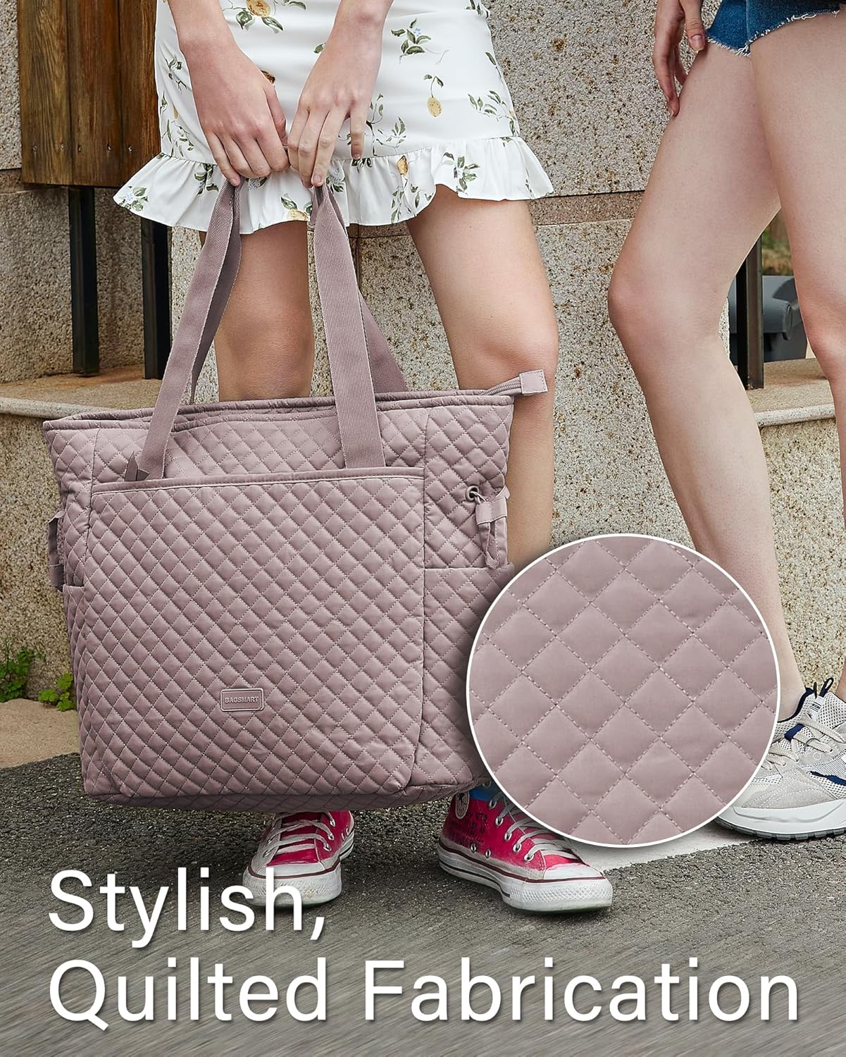BAGSMART 25L Quilted Tote Bag Large Shoulder Bag with Top Handle for Women, Machine Washable Work Travel Handbag
