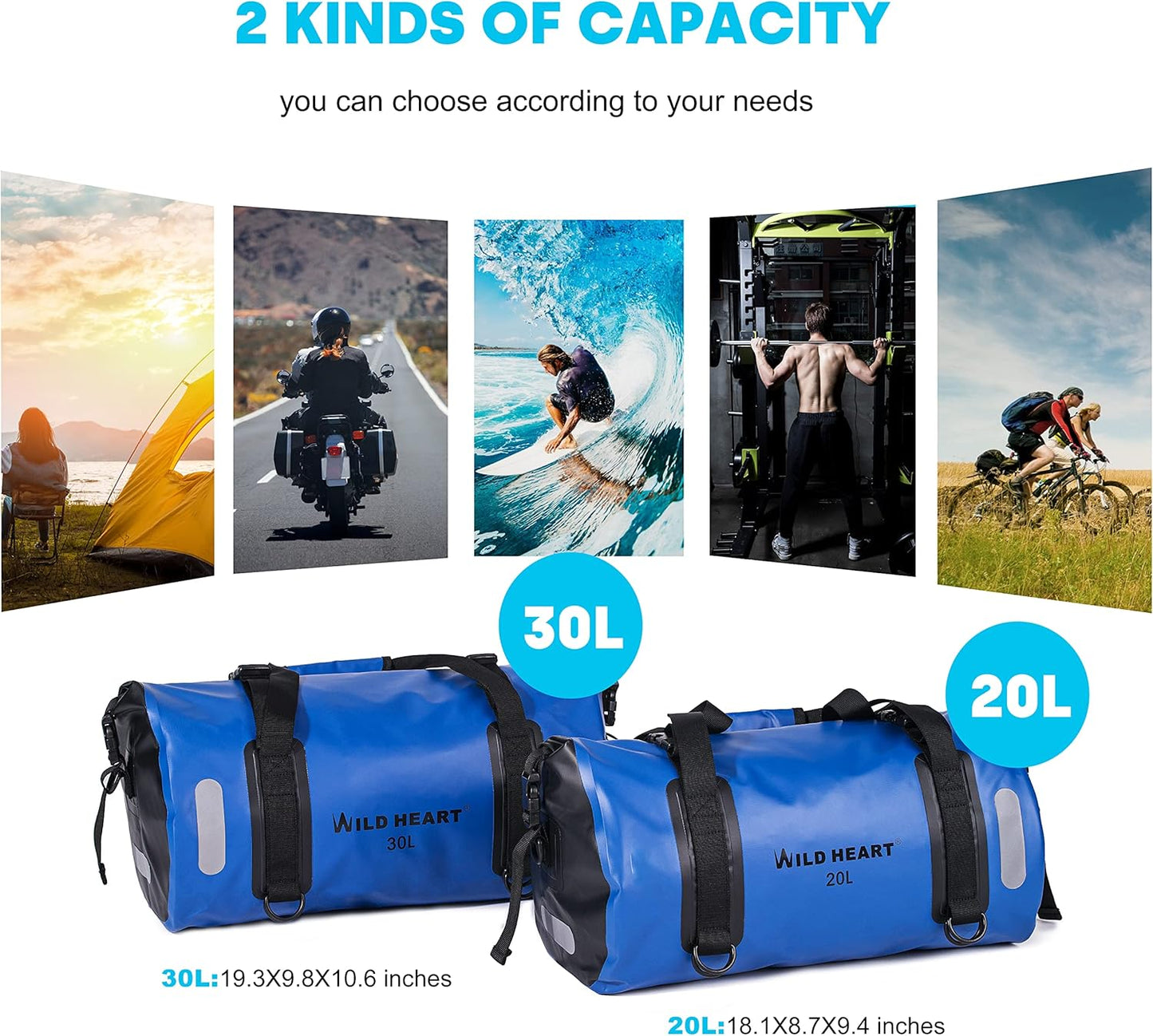 WILD HEART Waterproof Bag Duffel Bag 20L 30L 40L with Welded Seams Shoulder Straps, Mesh Pocket for Kayaking, Camping, Boating,Bicycle,Motorcycle