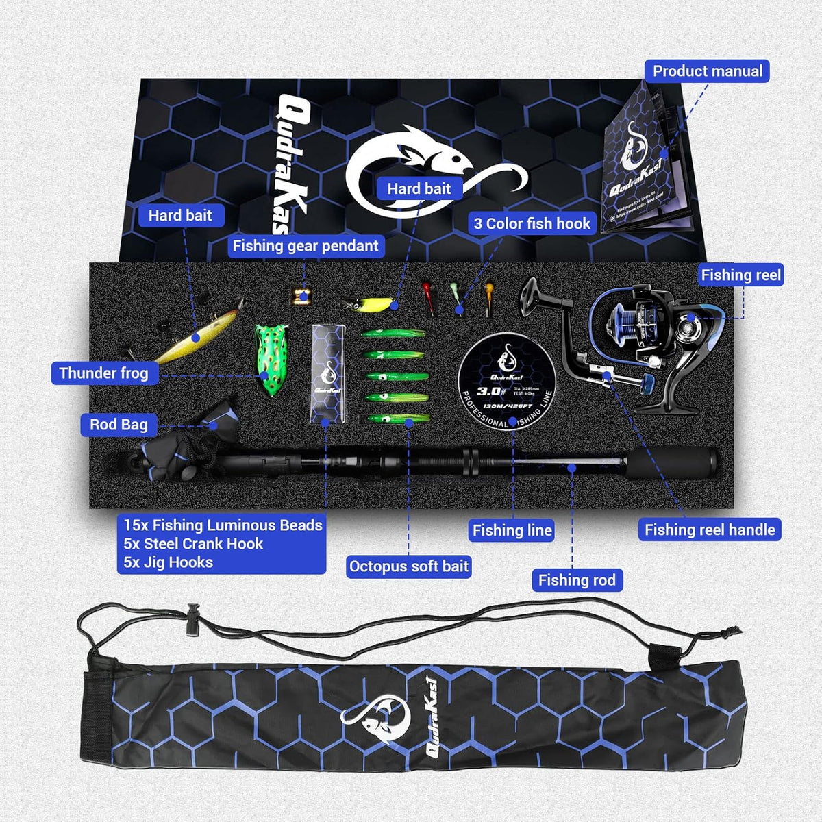 Fishing Rod and Reel Combos, Unique Design with X-Warping Painting, Carbon Fiber Telescopic Fishing Rod with Reel Combo Kit with Tackle Box, Best Gift for Fishing Beginner and Angler
