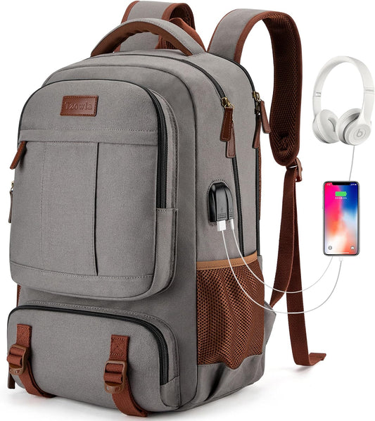 Tzowla Canvas Laptop Backpack, Bag for Men Women,Travel Work Rucksack Fits 15.6 Inch Laptop, Bookbag with USB Charging Port