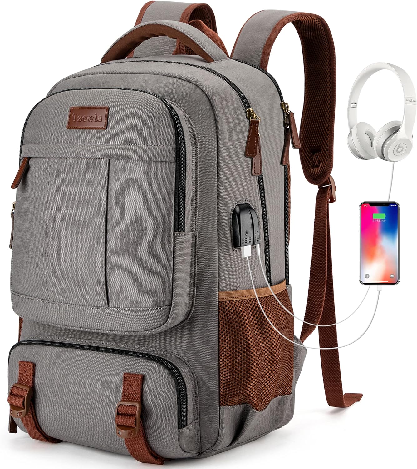 Tzowla Canvas Laptop Backpack, Bag for Men Women,Travel Work Rucksack Fits 17.3 Inch Laptop, Bookbag with USB Charging Port