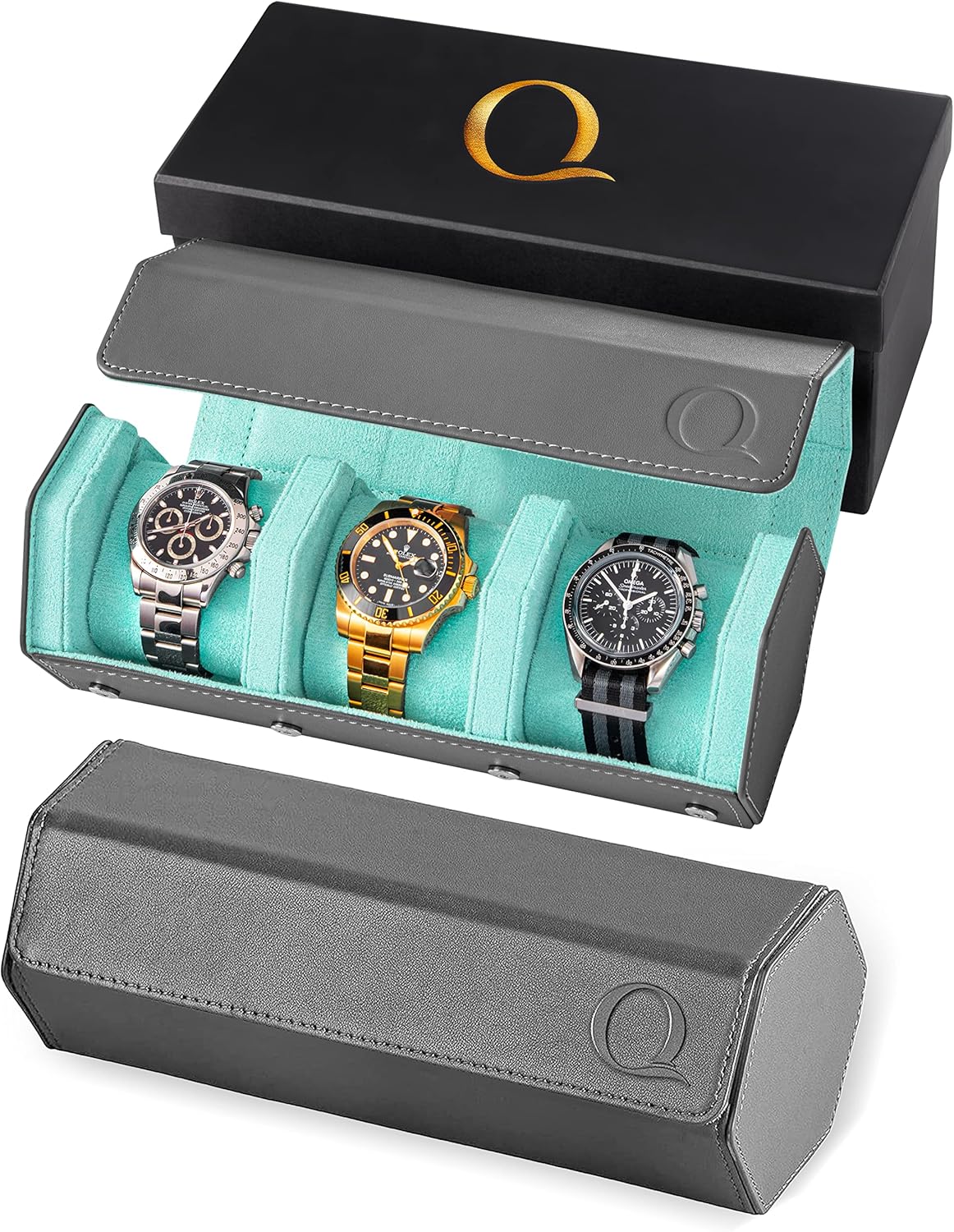 Napa Leather Watch Rolls for Men - Hexagon Triple Watch Roll Travel Case 3 Watches - Storage Organizer Genuine Leather with Velvet Interior Display (Gray/Turquoise)
