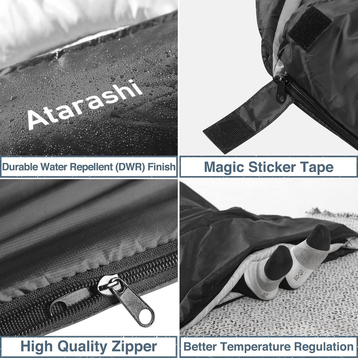 Atarashi Camping Sleeping Bag- 4 Seasons for Adults, Light, Warm, Extra-Large with Compression Sack- Great for Hiking, Backpacking & Outdoor Adventures