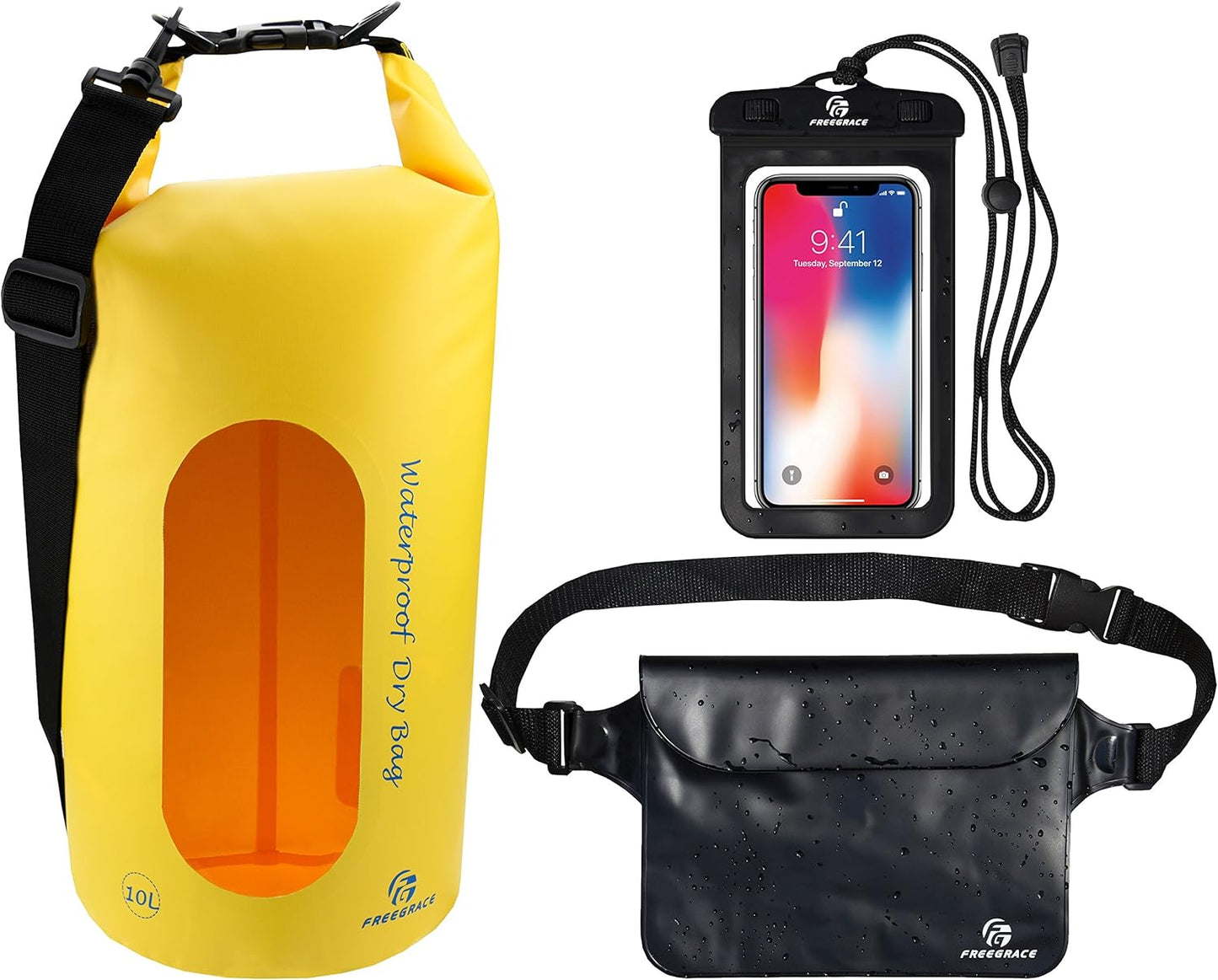 Freegrace Waterproof Dry Bags Set of 3 Dry Bag with 2 Zip Lock Seals & Detachable Shoulder Strap, Waist Pouch & Phone Case - Can Be Submerged Into Water - for Swimming (Yellow(Window), 10L)