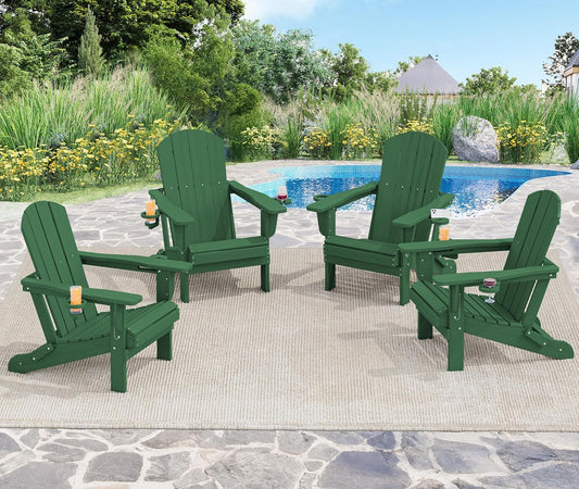 SERWALL Adirondack Chair with Cup Holders - Composite Adirondack Chairs Set of 4 HDPE Outdoor Chairs All Weather Use- Green