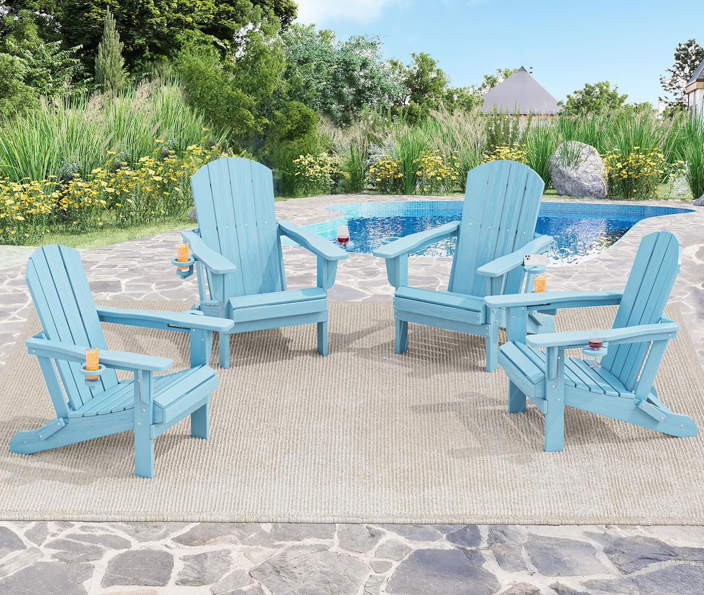 SERWALL Adirondack Chair with Cup Holders - Composite Adirondack Chairs HDPE Outdoor Chairs Set of 2 All Weather Use- Light Blue