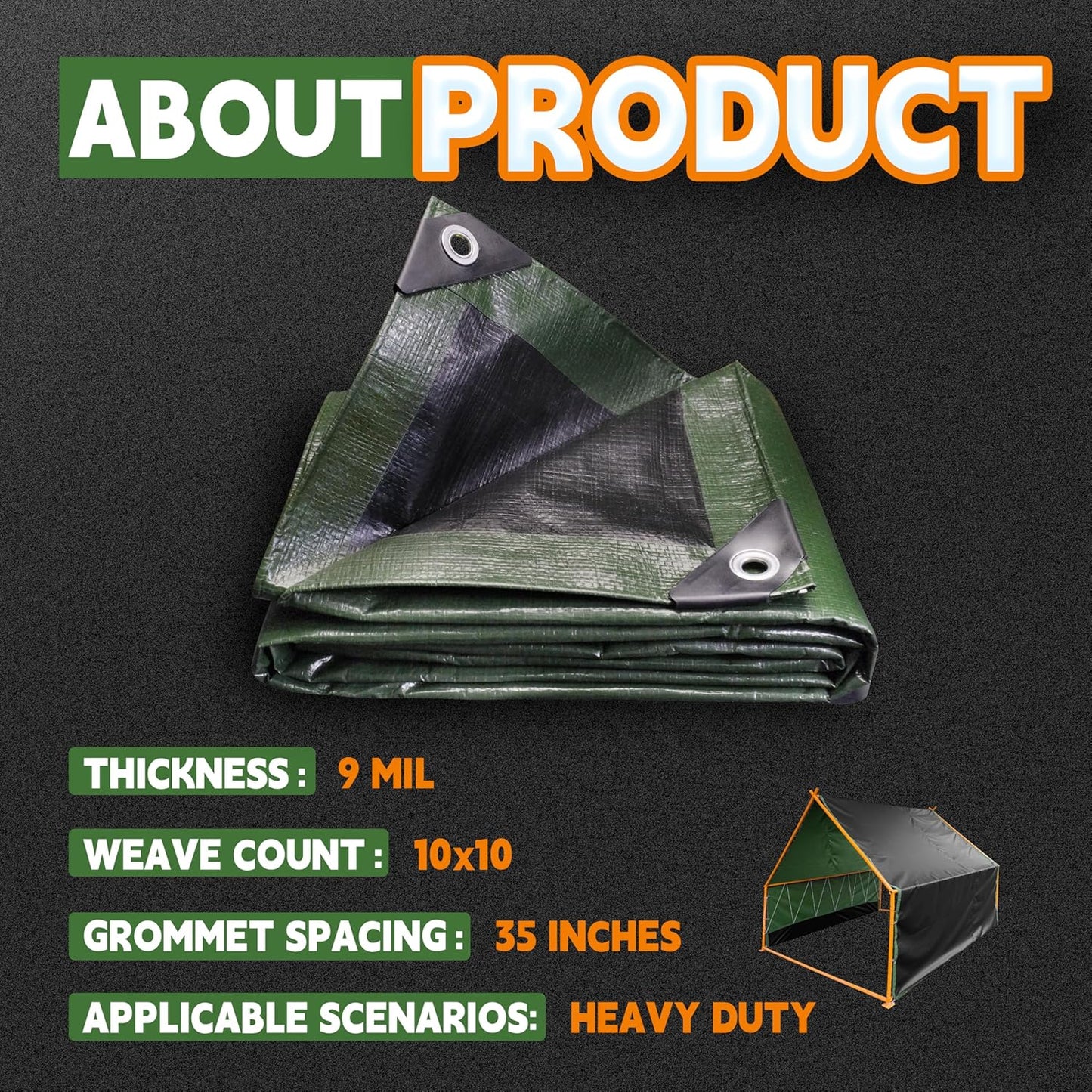 6x8 Feet Tarp Waterproof,Small Tarps,9Mil Thick,Finished Size Tarps,UV Resistant,Durable,Multipurpose Poly Tarp Cover with Metal Grommets and Reinforced Edges,Green/Black by RAINDEWAY