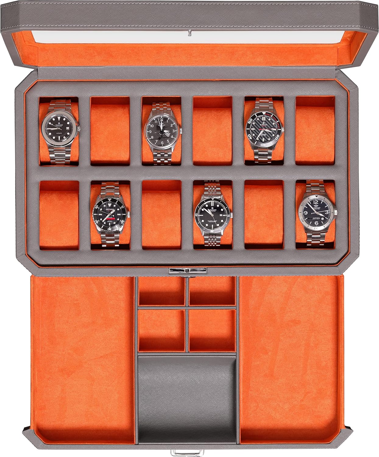 ROTHWELL 12 Slot Leather Watch Box with Valet Drawer - 12 Slot Luxury Watch Case Display Organizer, Microsuede Liner, Mens Accessories Holder, Jewelry Case, Jewelry Display Organizer (Grey/Orange)