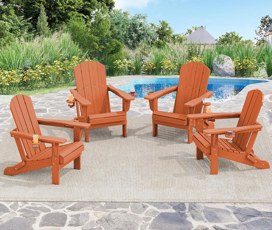 SERWALL Adirondack Chair with Cup Holders - Composite Adirondack Chairs Set of 4 HDPE Outdoor Chairs All Weather Use- Orange