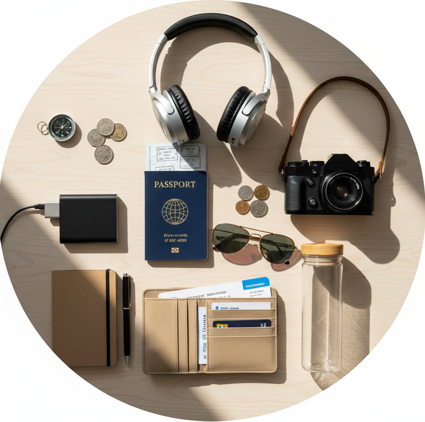 circle photo of travel accessories, make a real photo