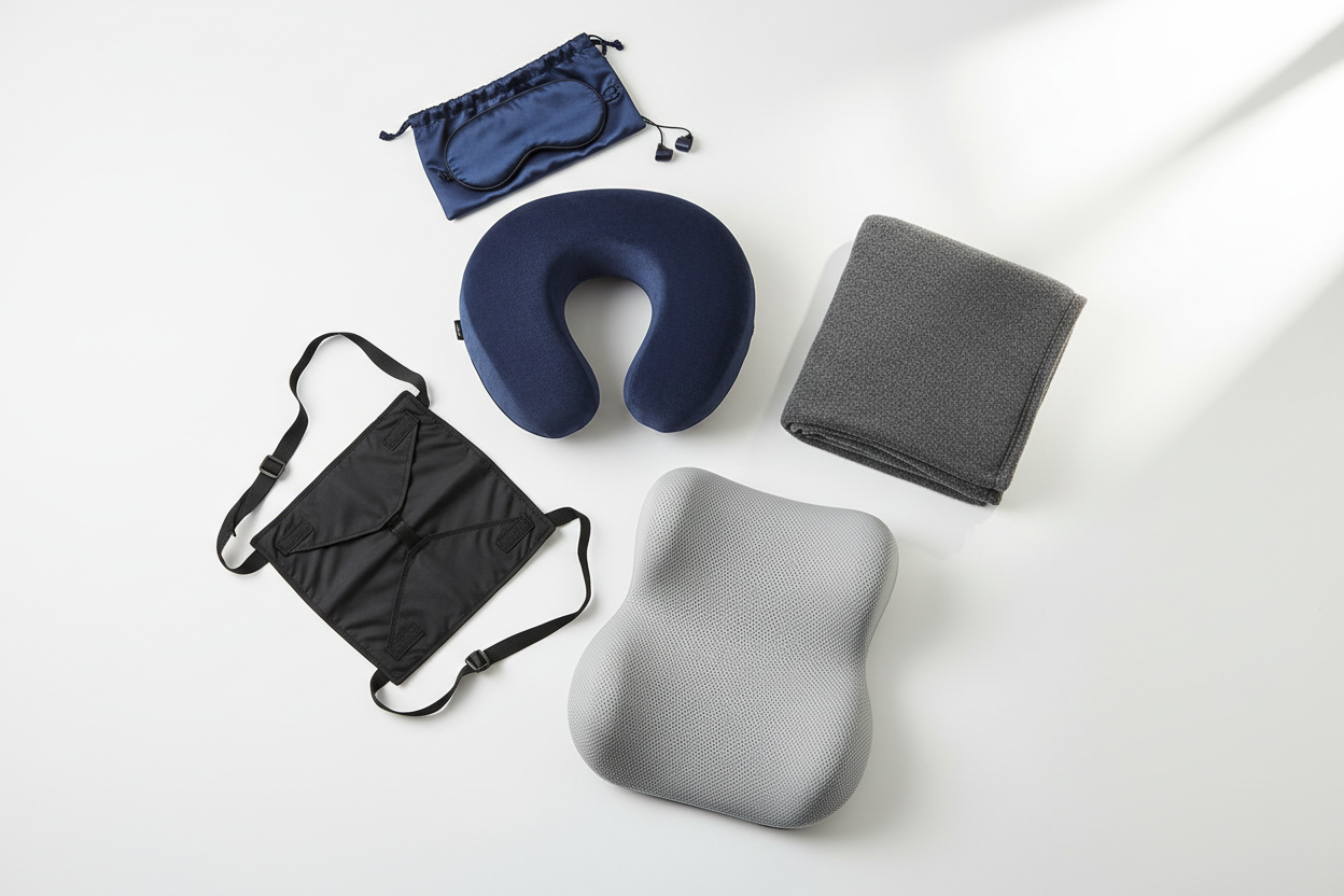 Memory Foam Neck Pillows

Eye Masks & Earplugs

Travel Blankets

Seat Cushions

Foot Hammocks (Airplane)
