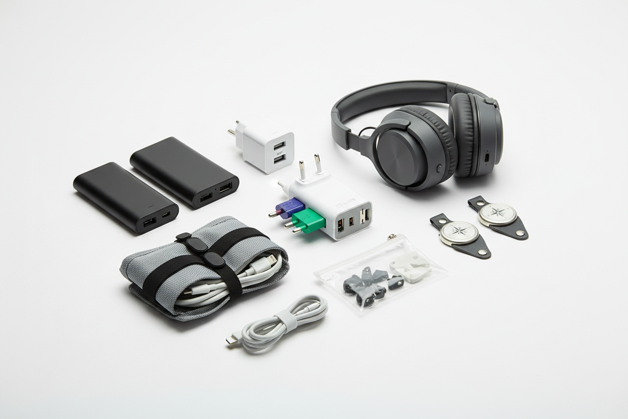 Universal Travel Adapters

Portable Chargers & Power Banks

Bluetooth Trackers (Luggage)

Cable Organizers

Noise-Canceling Accessories